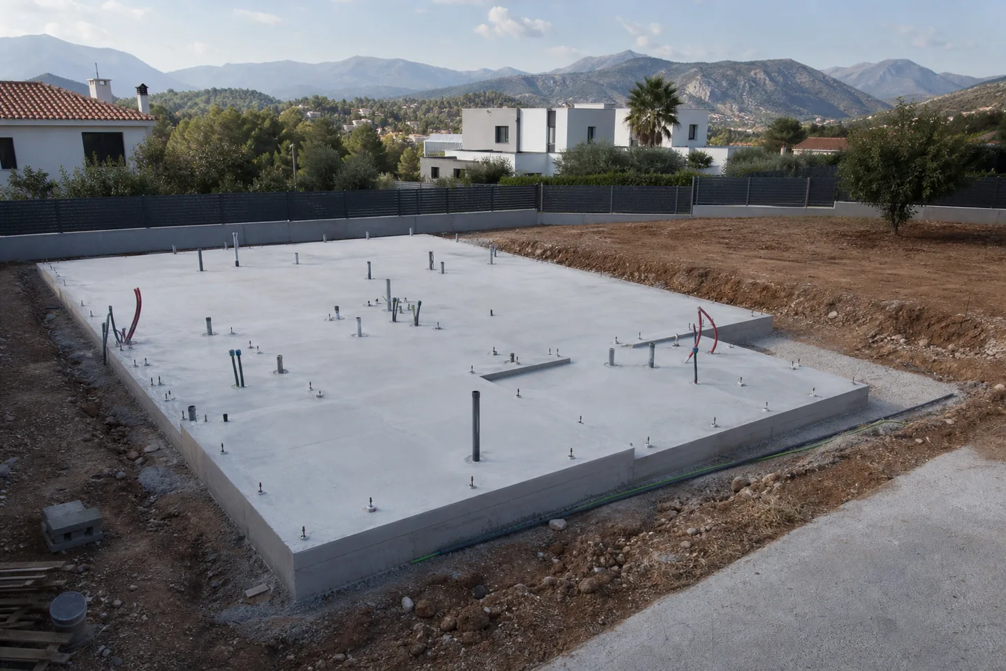 Losa de cimentación preparada para una casa modular en una parcela