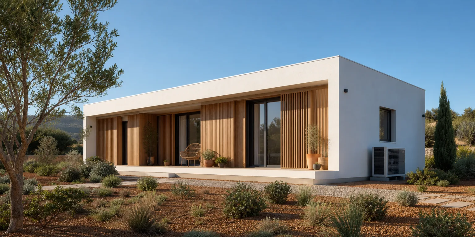 Casa prefabricada con protección solar y unidad exterior de bomba de calor