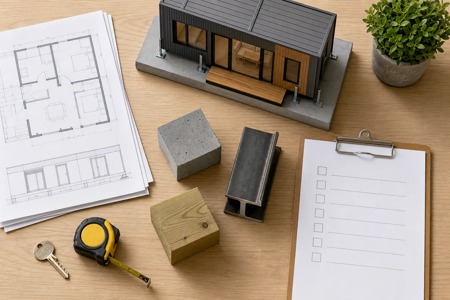 Planos, maqueta anclada y muestras de materiales para preparar un seguro de casa prefabricada