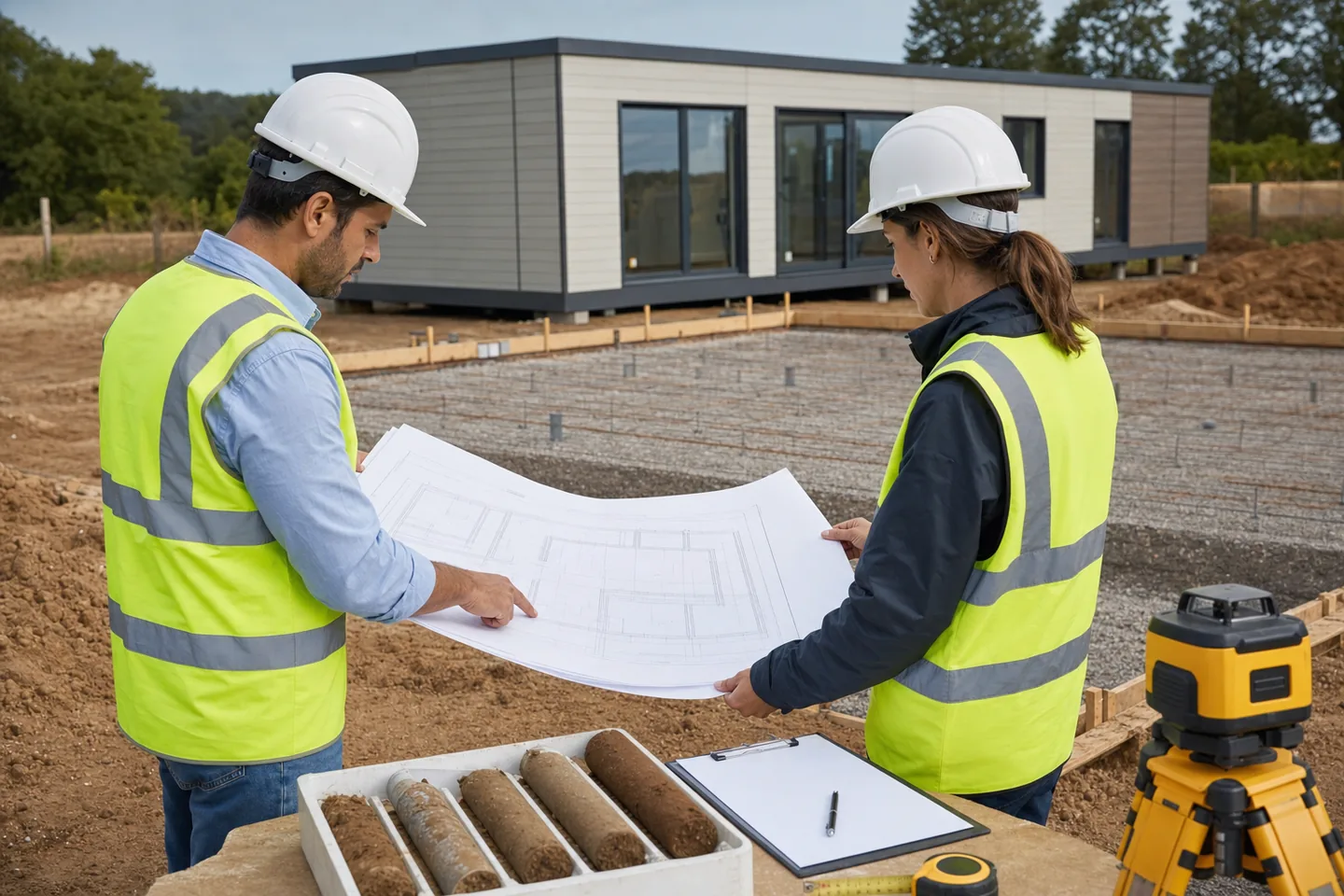 Arquitecto y técnica con equipos de protección revisando un plano de cimentación y muestras de terreno