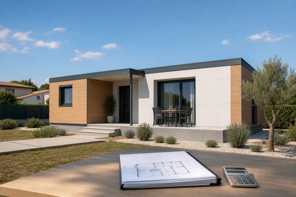 Casa prefabricada terminada con plano y calculadora para estudiar su hipoteca