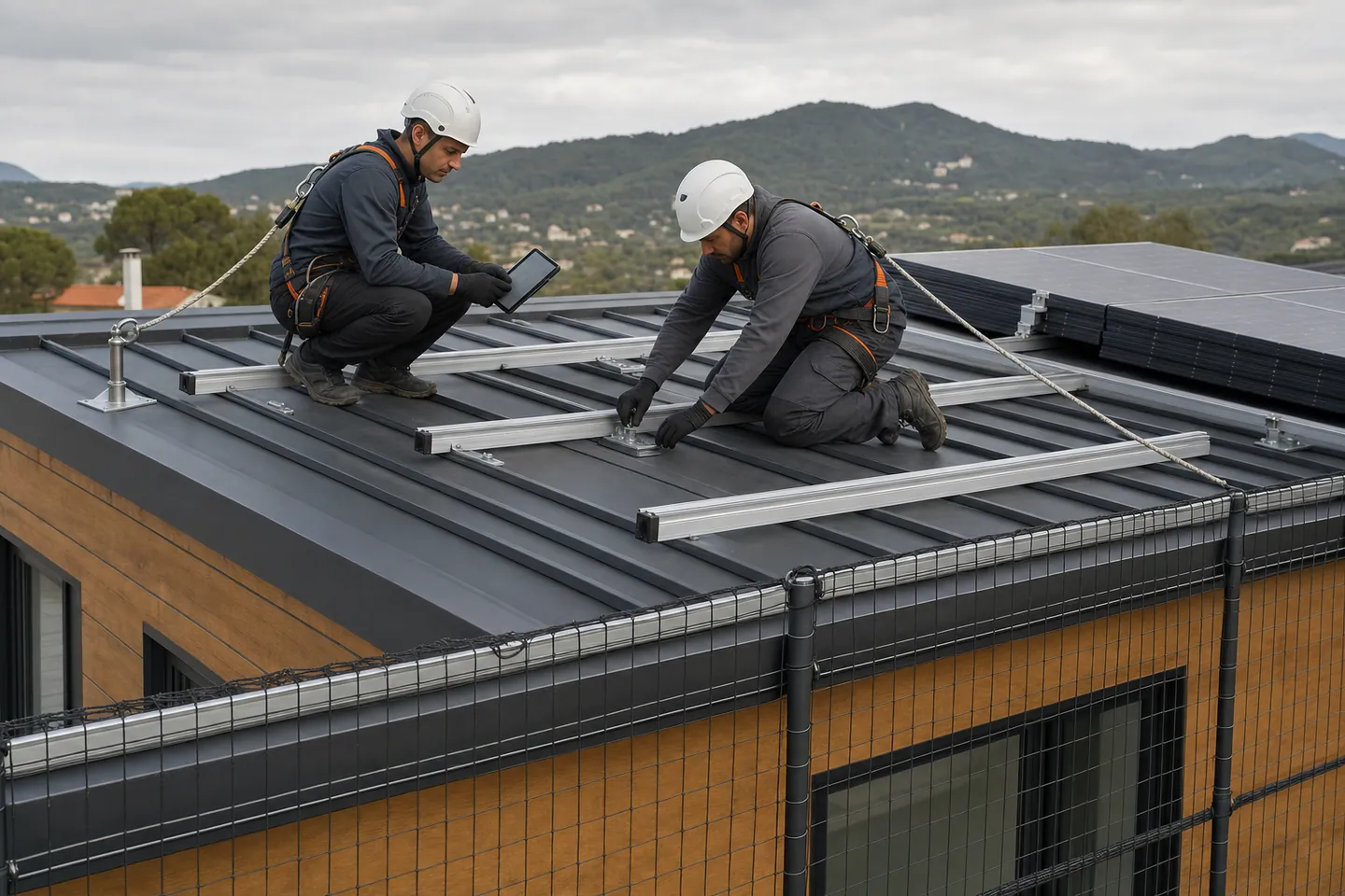 Instaladores profesionales con arnés revisando carriles y fijaciones solares en una cubierta prefabricada