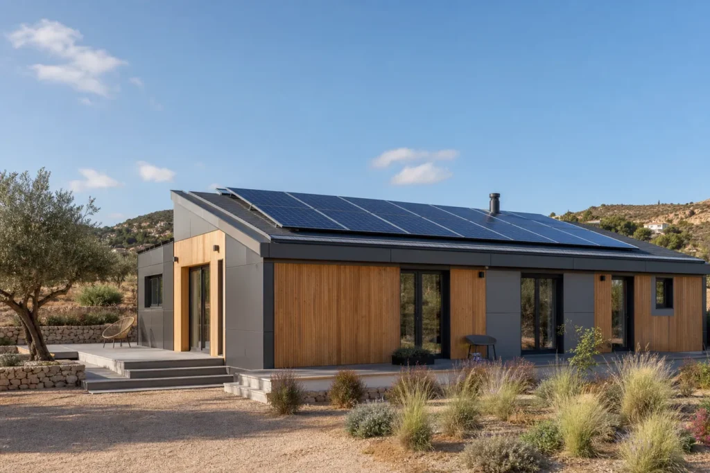 Casa prefabricada contemporánea con una instalación de placas solares en la cubierta