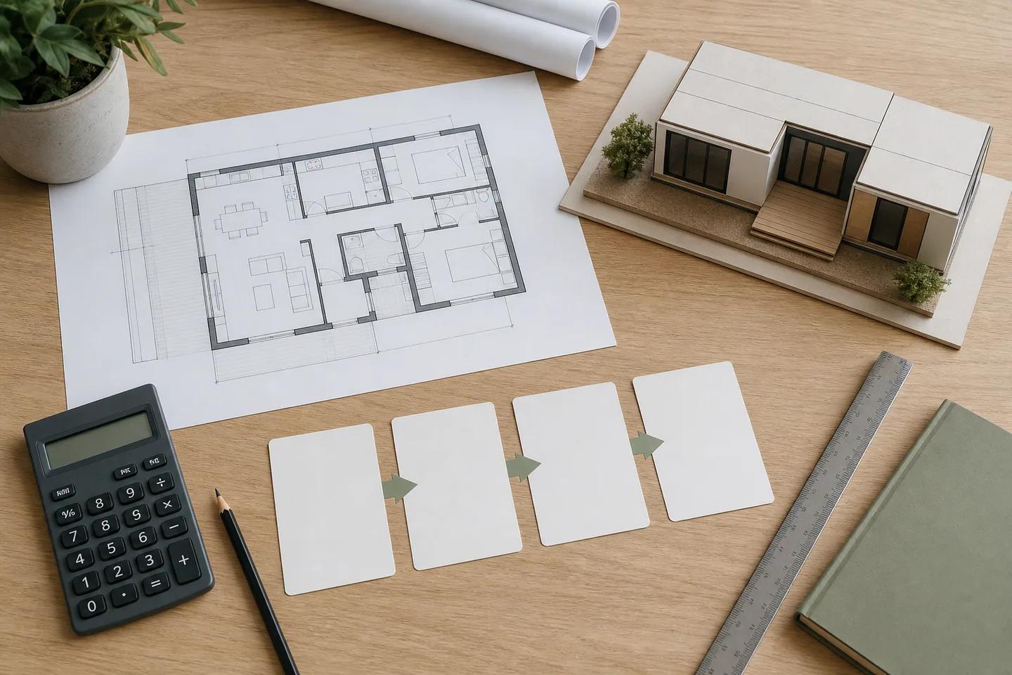 Planificación de una hipoteca autopromotor con plano, calculadora, hitos y maqueta de casa modular