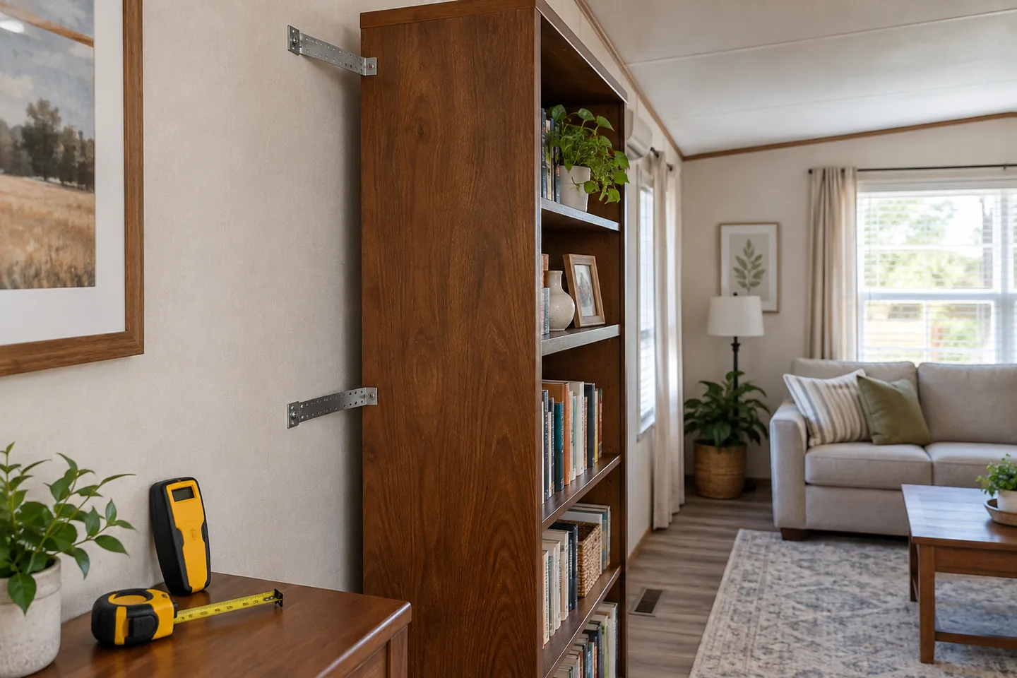 Furniture anti-tip straps securing a cabinet in a manufactured home