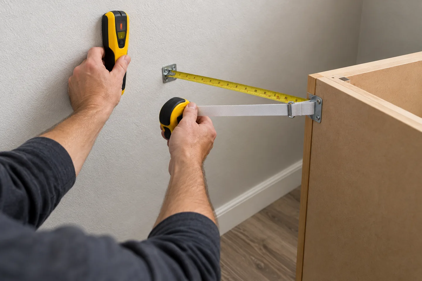 Furniture anti-tip straps measured behind a bookcase in a manufactured home