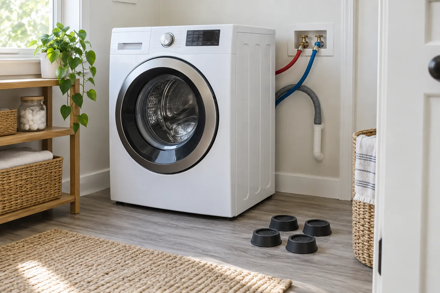 Washer anti-vibration pads beside a laundry machine in a manufactured home