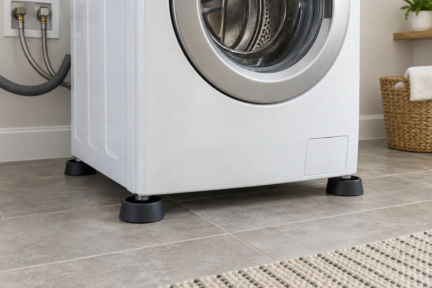 Washer anti-vibration pads positioned under four level washer feet