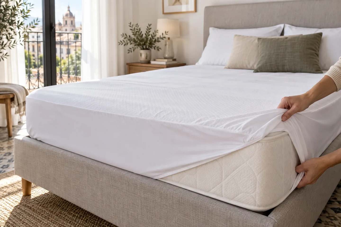 Protector de colchón impermeable colocado sobre una cama