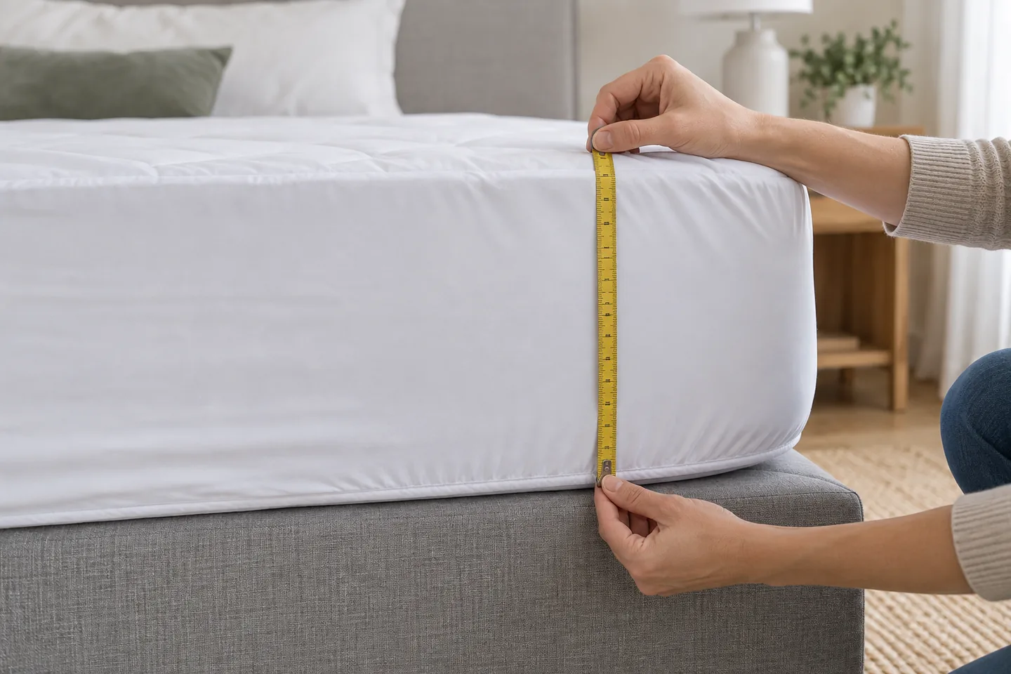 Medición de la altura para ajustar un protector de colchón impermeable