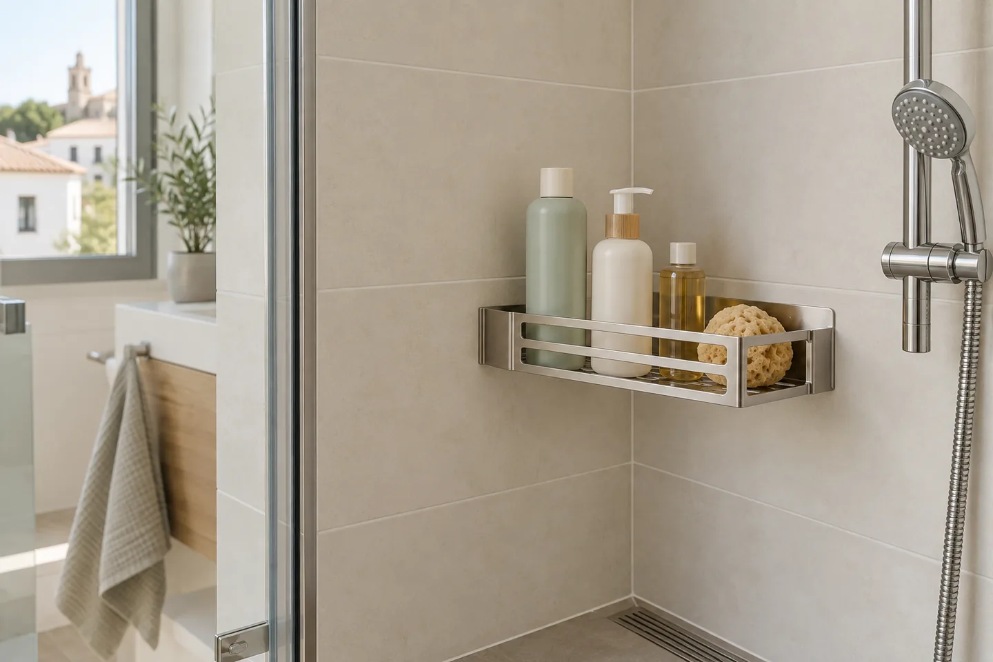Estante de ducha sin taladrar instalado sobre azulejos lisos