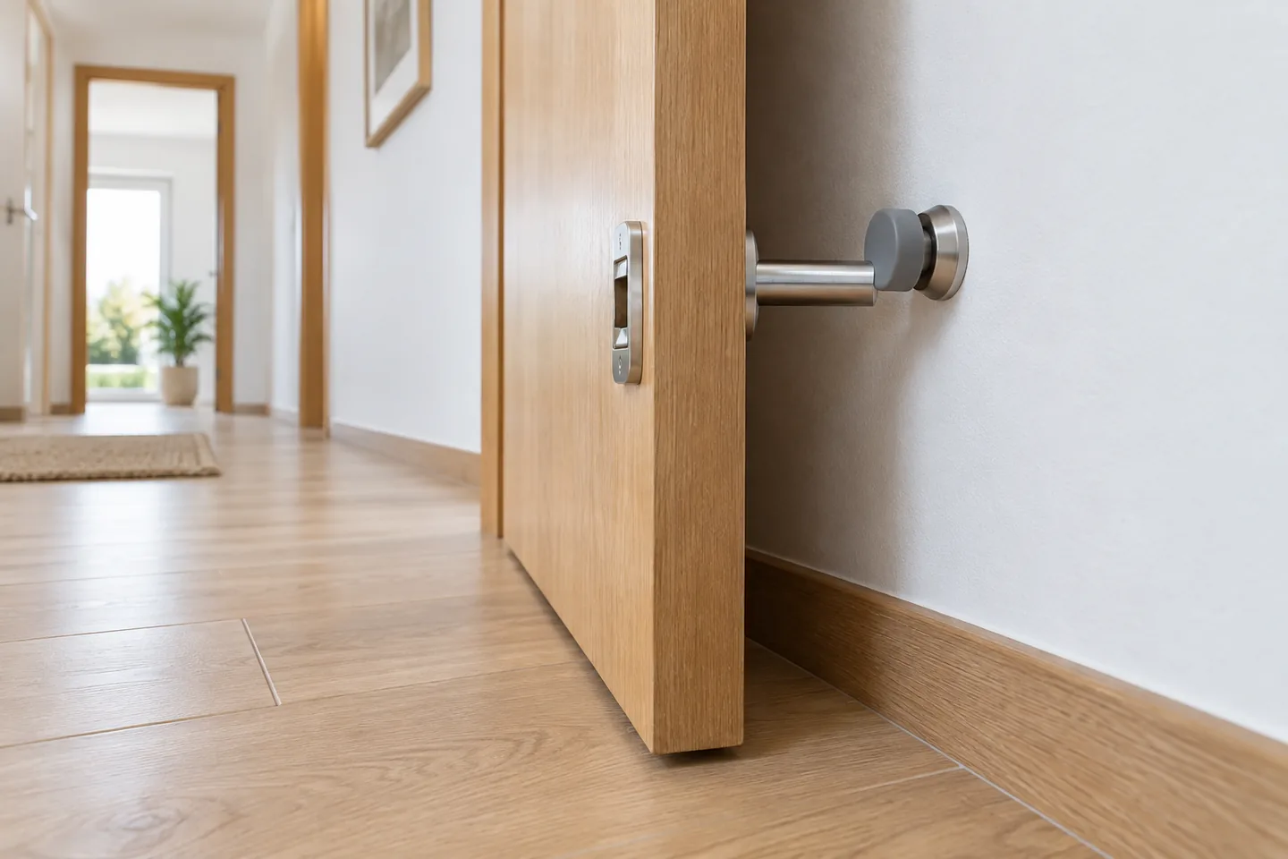 Tope de puerta adhesivo instalado entre una puerta y la pared