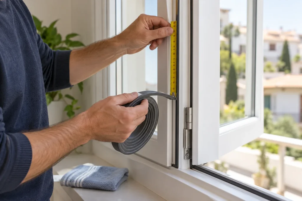 Medición previa de un burlete autoadhesivo para ventana