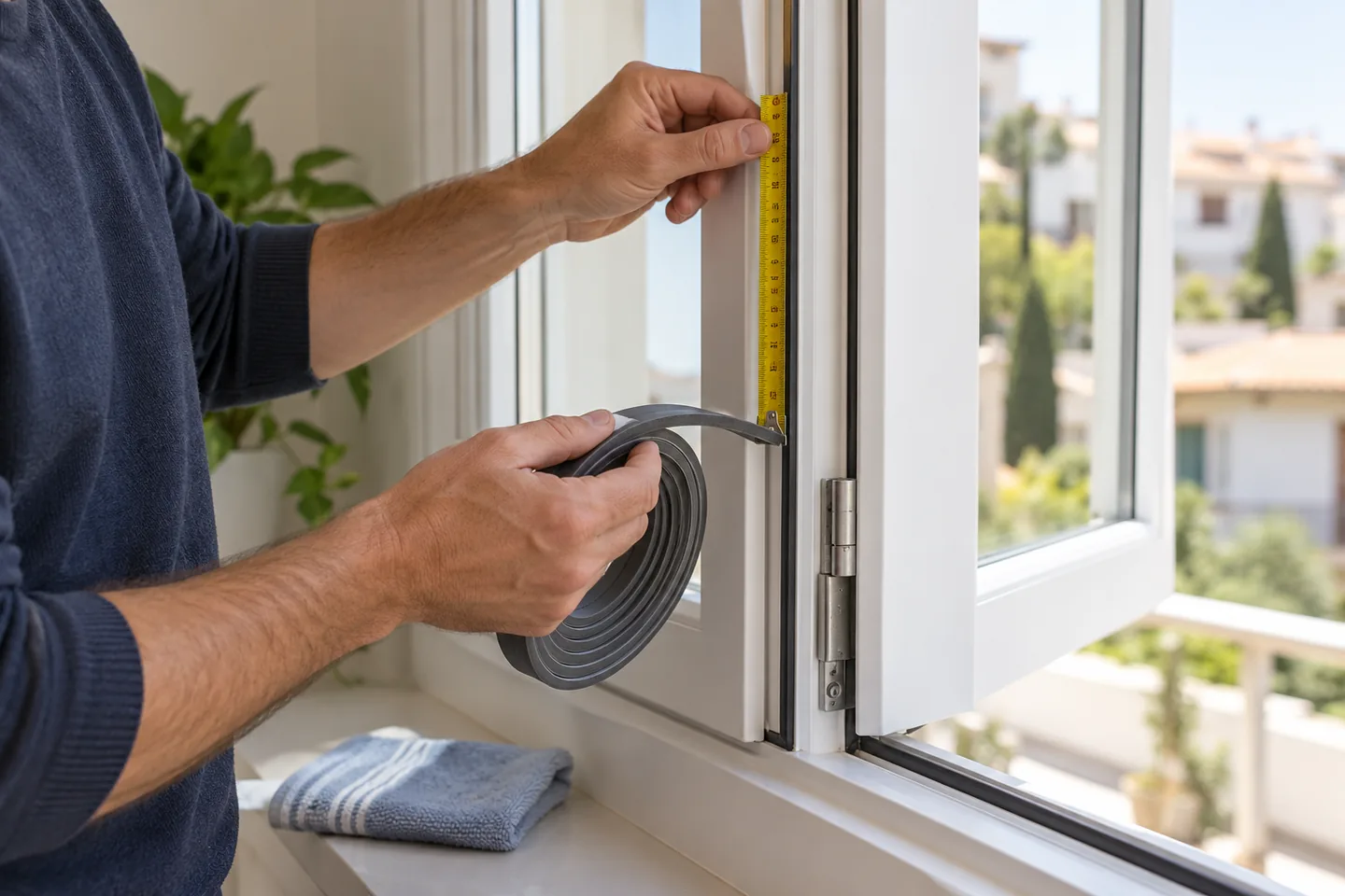 Medición previa de un burlete autoadhesivo para ventana