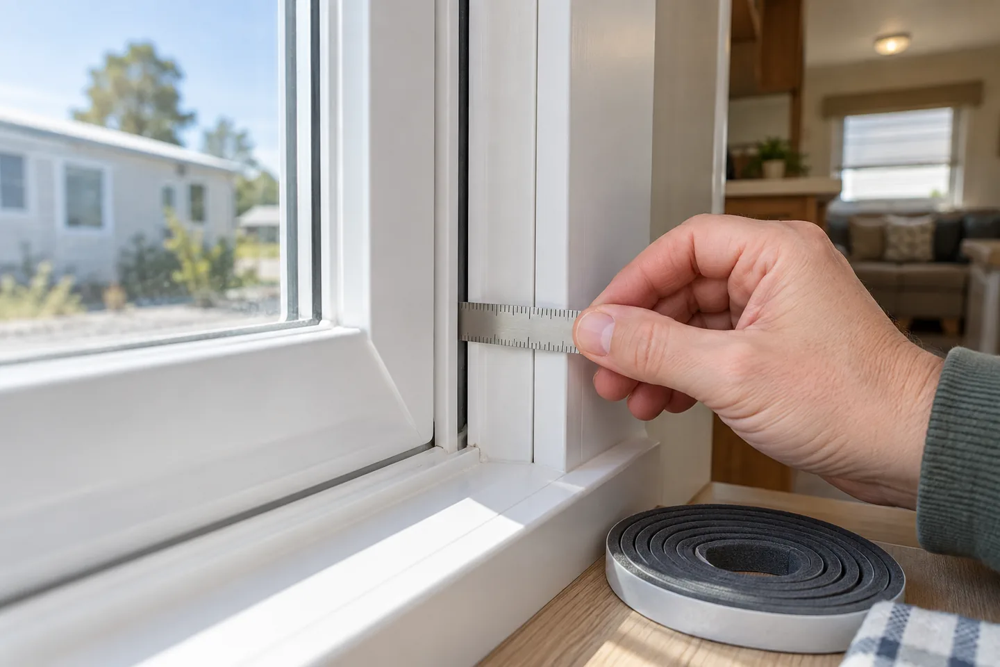 Measuring window weather stripping for a manufactured home sash gap