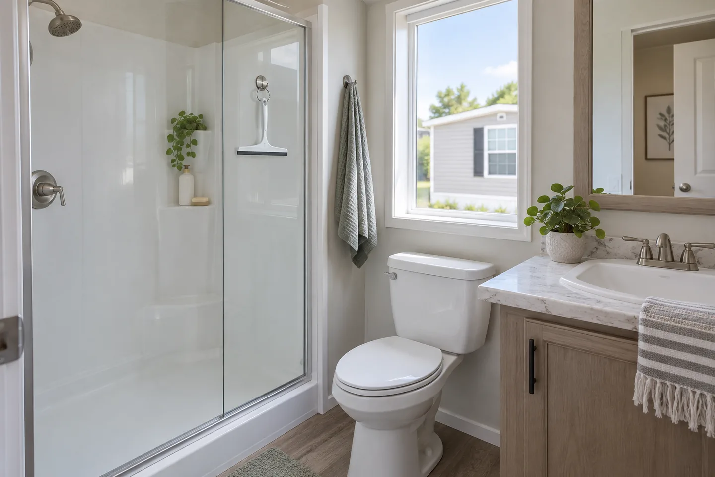 Shower squeegee hanging in a compact manufactured-home bathroom