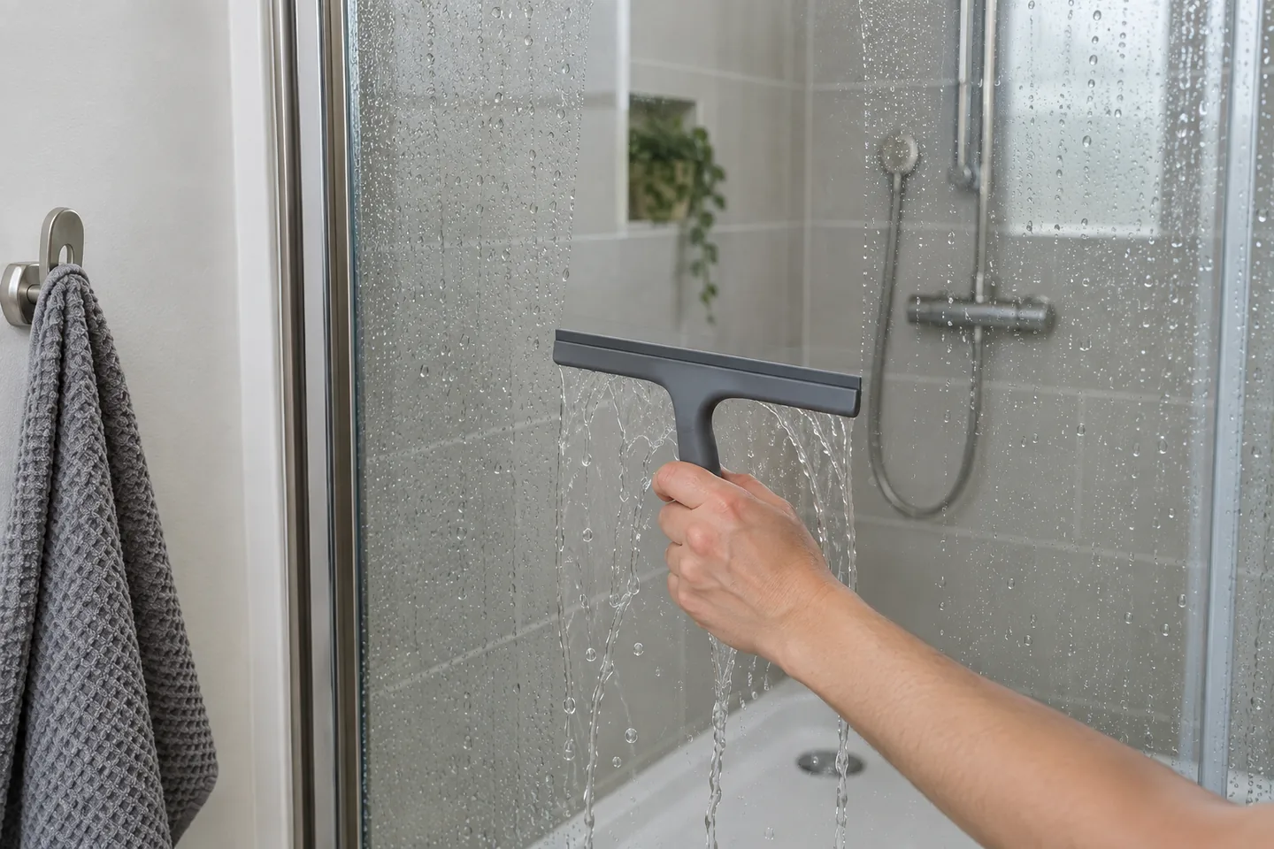 Using a shower squeegee in one downward pass on wet glass
