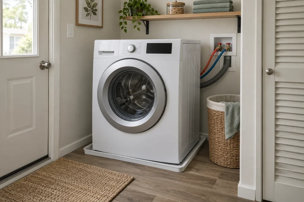 Washing machine drain pan installed in a manufactured-home laundry area