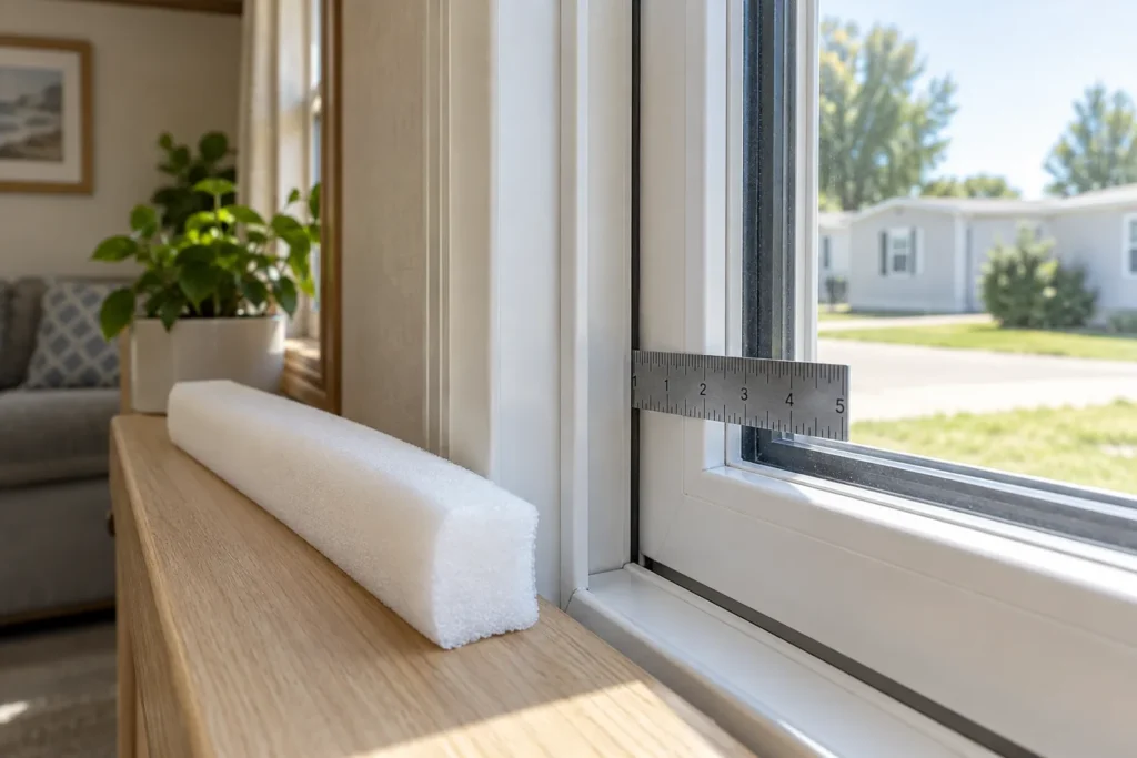 Window weather stripping beside a manufactured home window frame