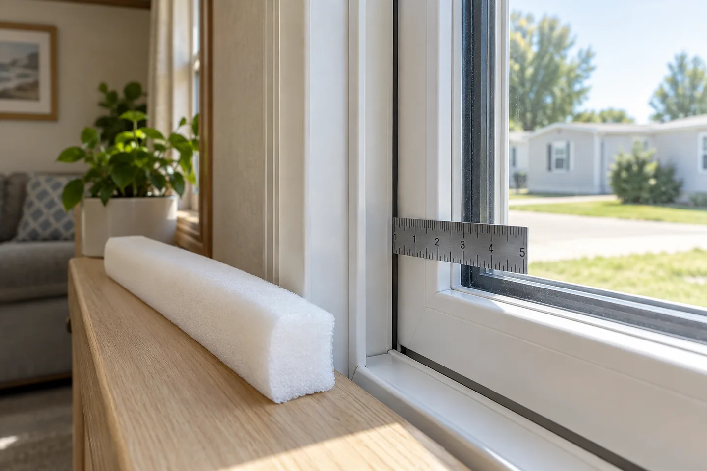 Window weather stripping beside a manufactured home window frame