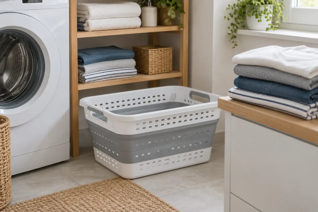 Cesta de ropa plegable ventilada en un dormitorio luminoso