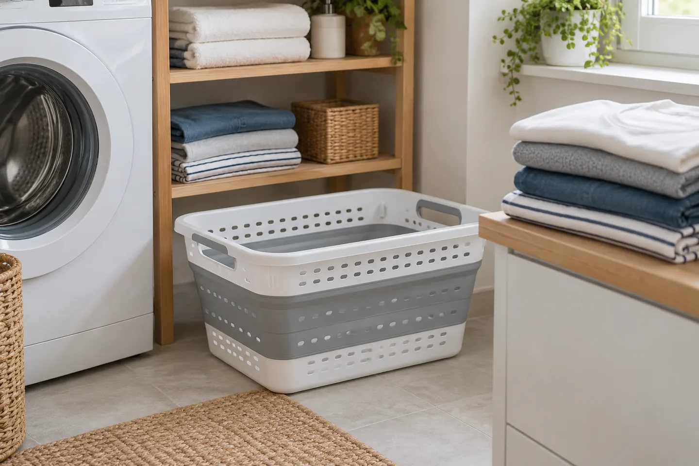 Cesta de ropa plegable ventilada en un dormitorio luminoso