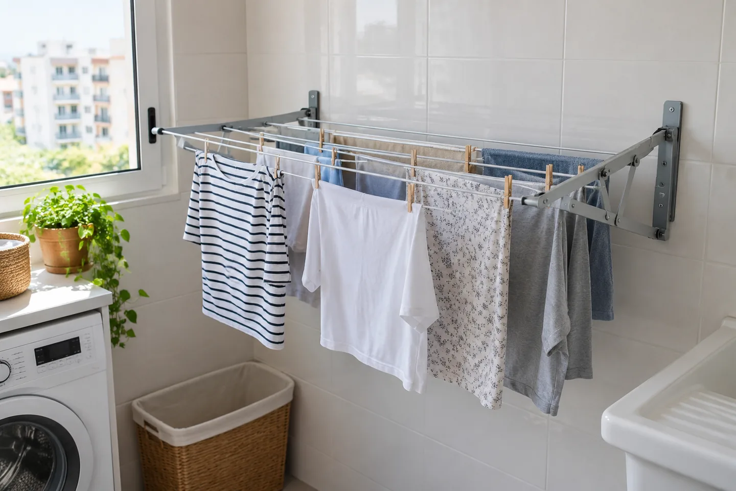 Tendedero plegable de pared con ropa ligera bien repartida