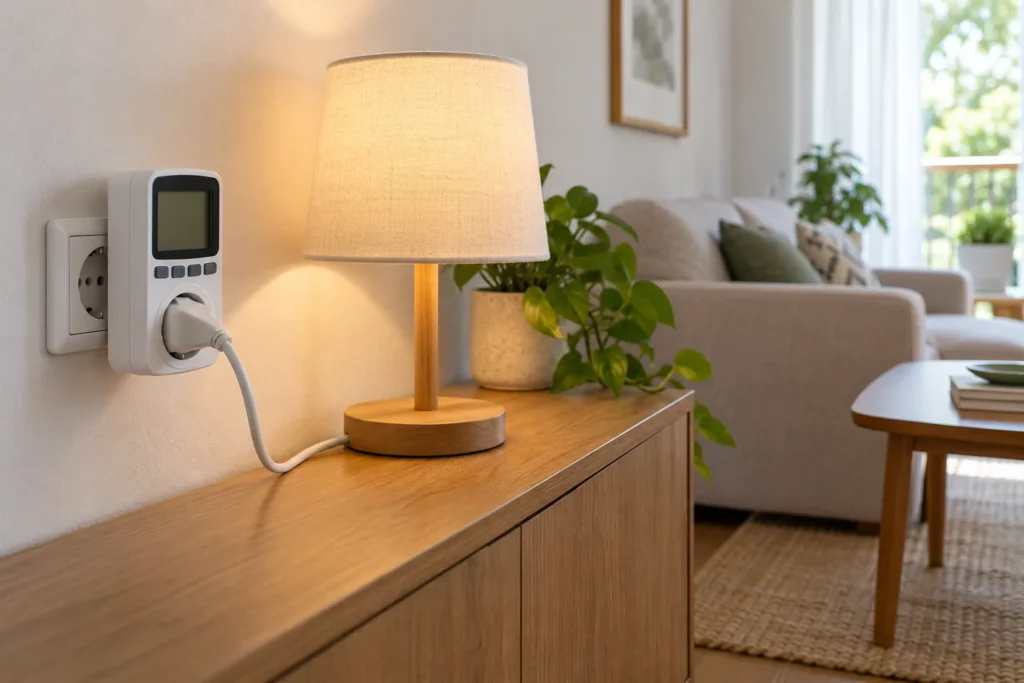 Medidor de consumo eléctrico de enchufe conectado a una lámpara doméstica