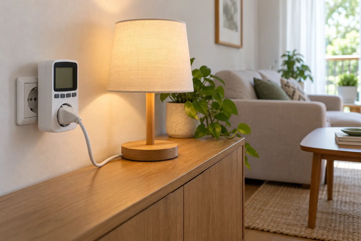 Medidor de consumo eléctrico de enchufe conectado a una lámpara doméstica