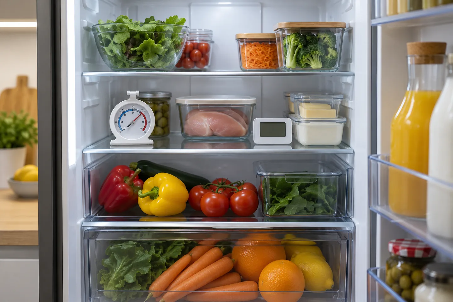 Termómetro para frigorífico colocado en una balda central con alimentos ordenados