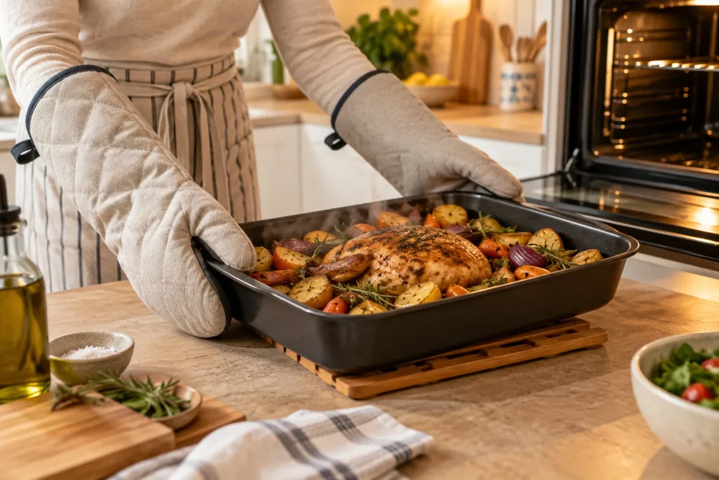 Guantes de horno resistentes al calor retirando una bandeja sobre un salvamanteles
