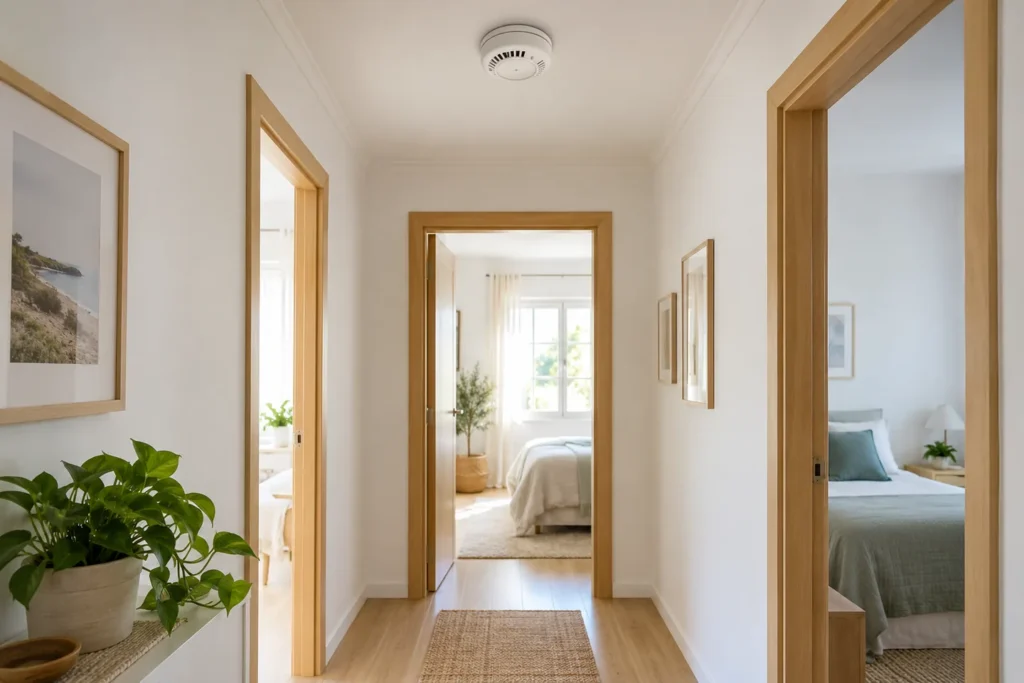 Detector de humo para casa instalado en el techo de un pasillo