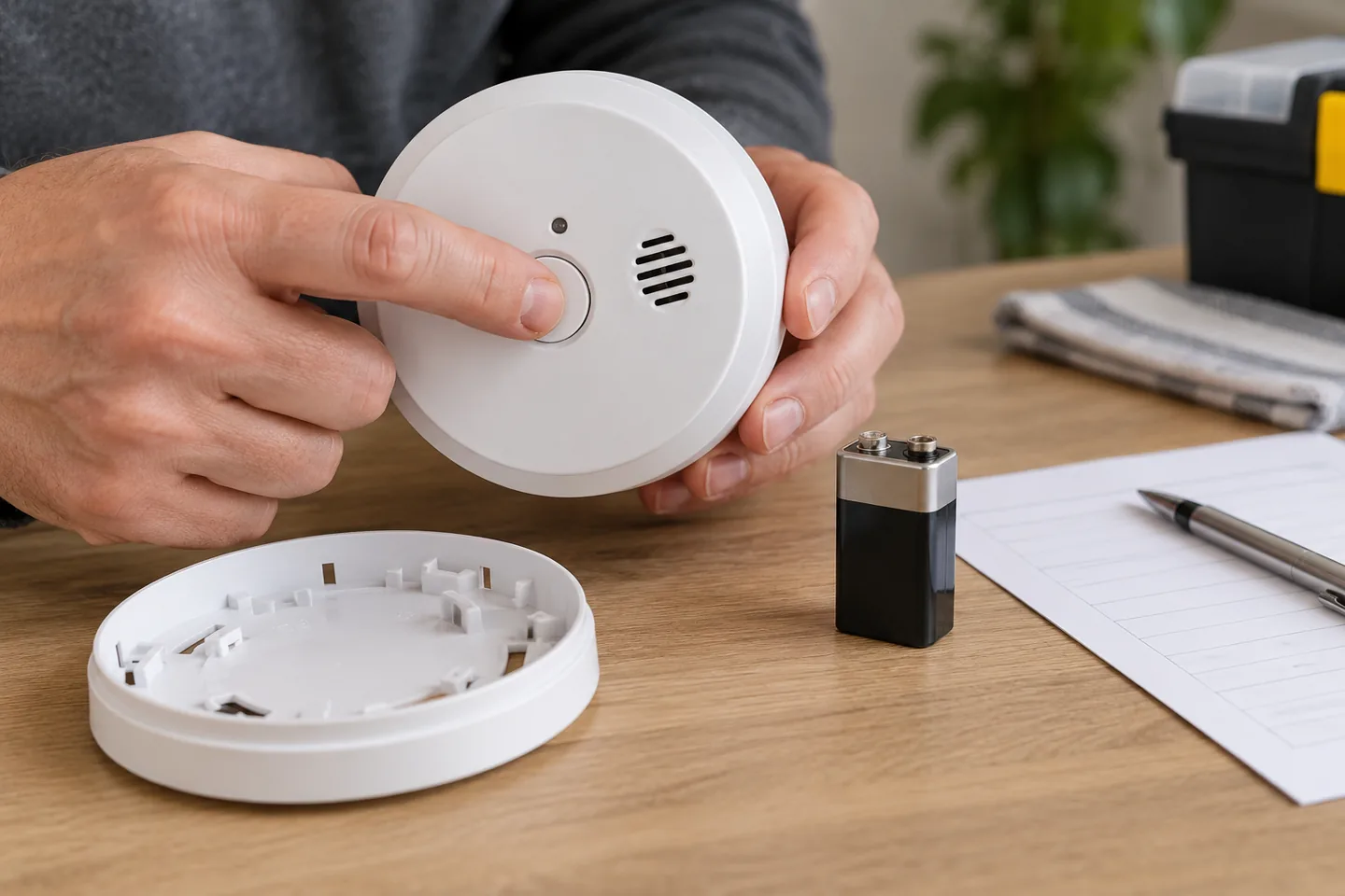 Prueba manual de un detector de humo para casa con botón accesible
