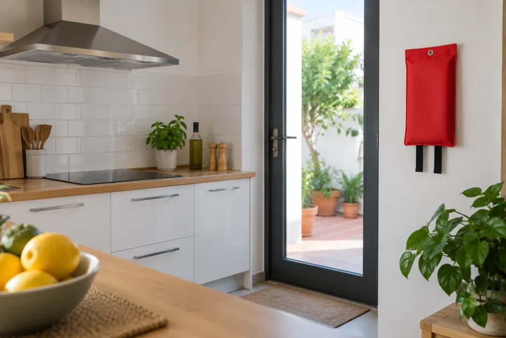 Manta ignífuga para cocina guardada junto a una salida despejada