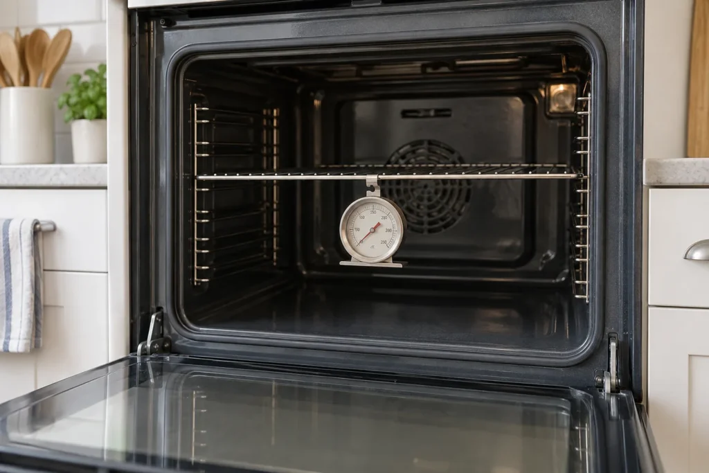 Termómetro de horno analógico colgado en la rejilla central