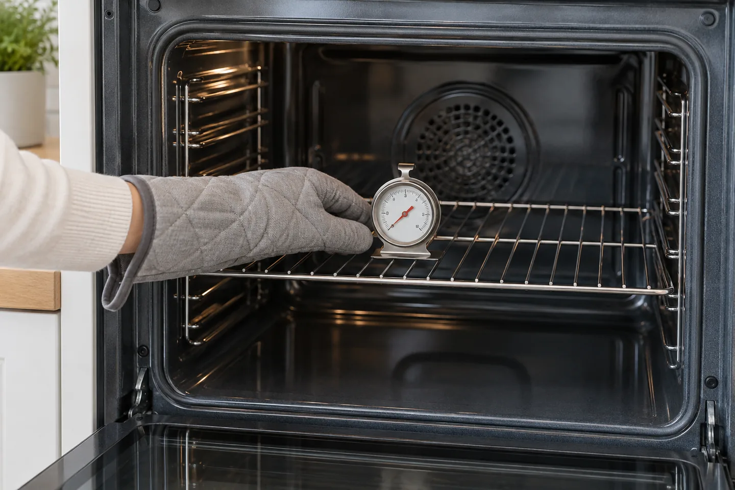 Colocación de un termómetro analógico en un horno frío y apagado