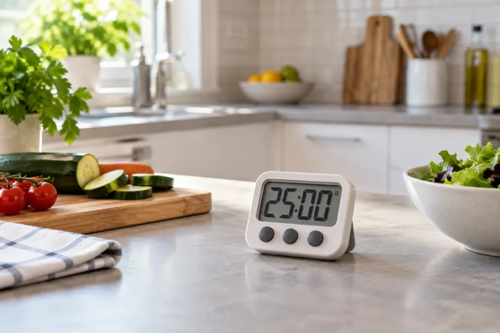 Temporizador digital de cocina situado en una encimera seca