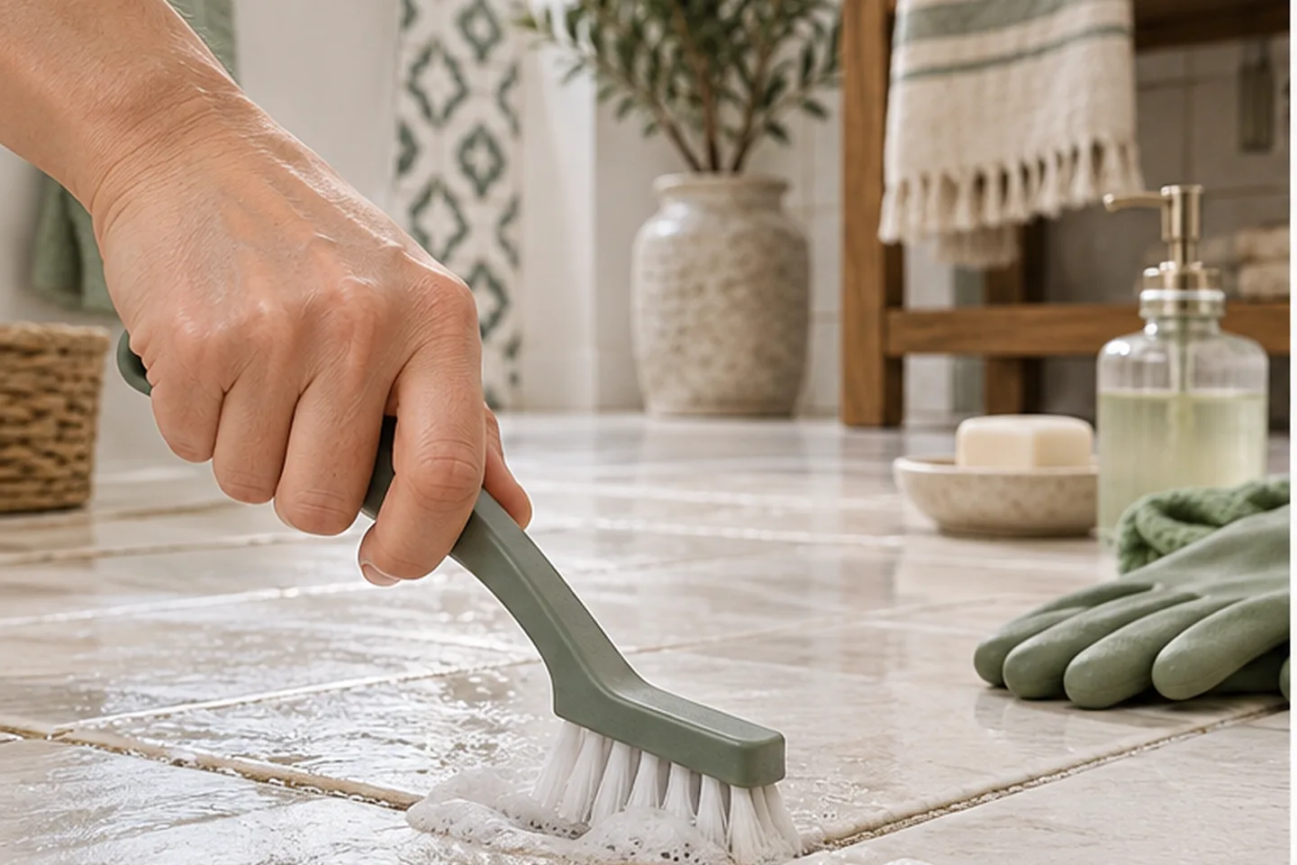 Cepillo para juntas de azulejos limpiando una junta de baño