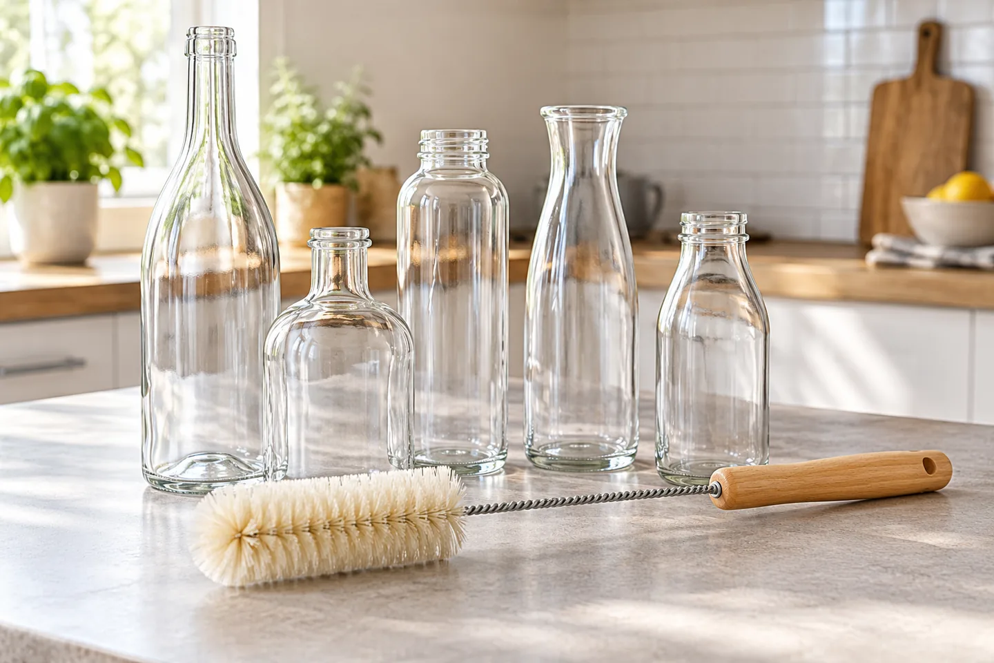Cepillo para botellas de vidrio junto a recipientes limpios