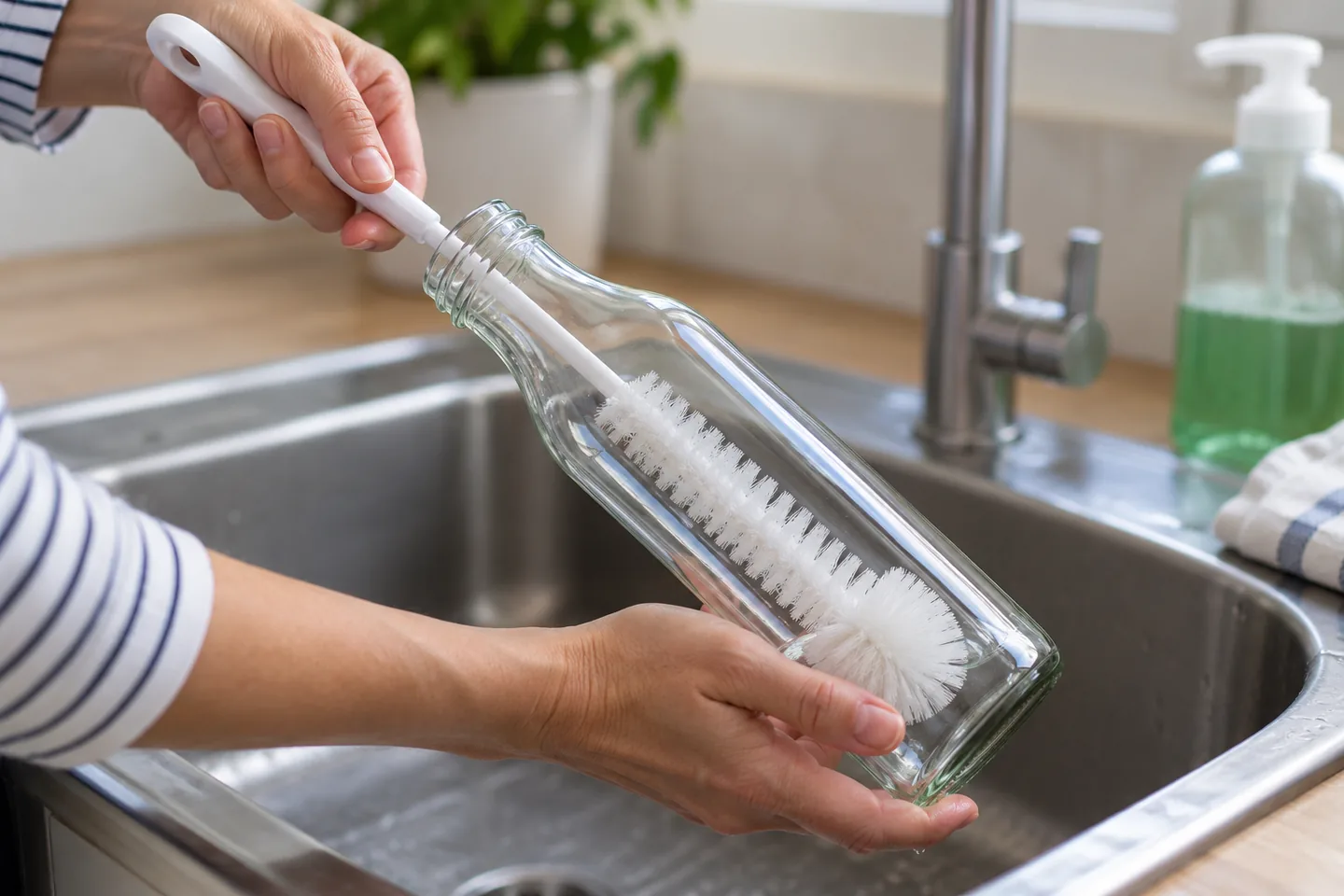 Comprobación del alcance de un cepillo dentro de una botella de vidrio