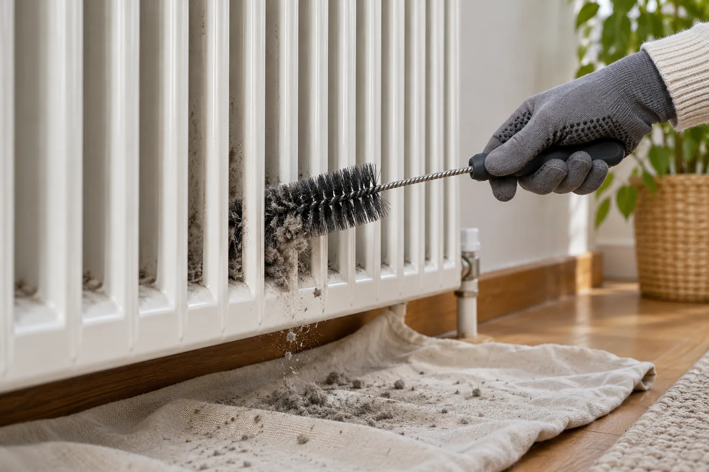 Limpieza en seco de un radiador con cepillo cilíndrico y paño protector