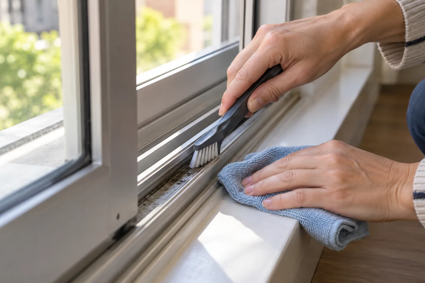 Limpieza interior de un riel de ventana con cepillo y microfibra