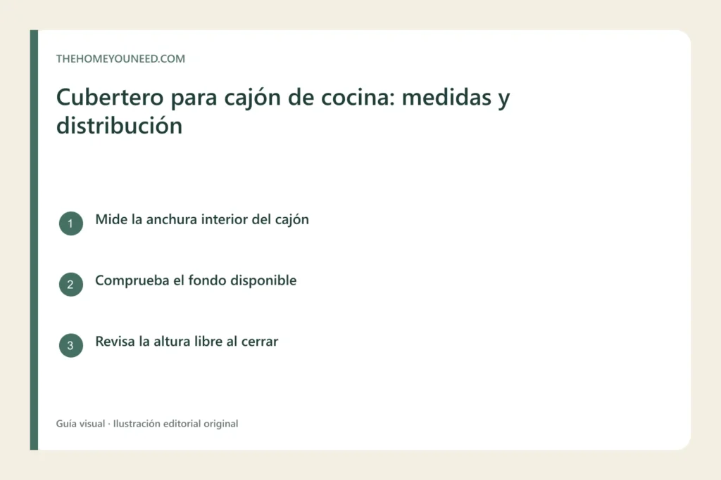 Infografía sobre las medidas interiores que revisar en un cajón antes de elegir un cubertero